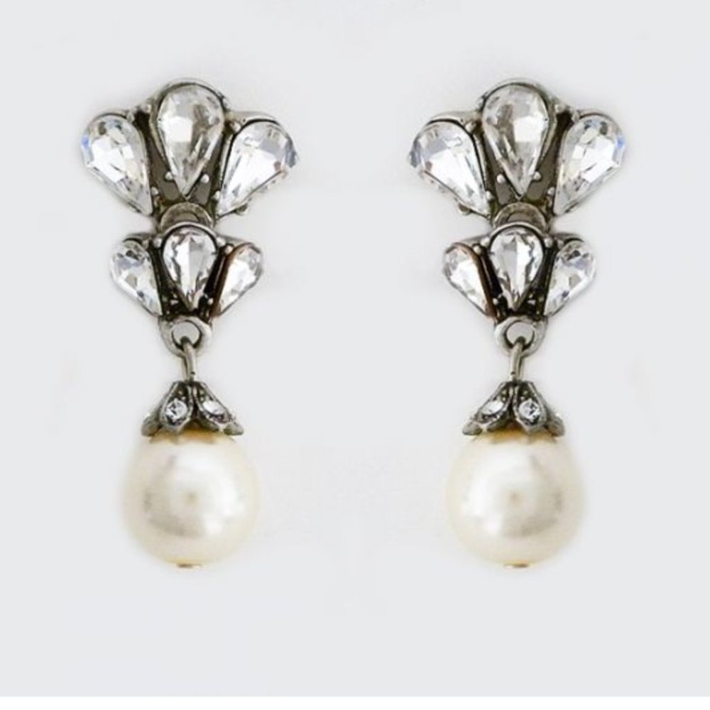 Ben-Amun Crystal Art Deco Cluster Pearl Drop Bridal Wedding Holiday Earrings